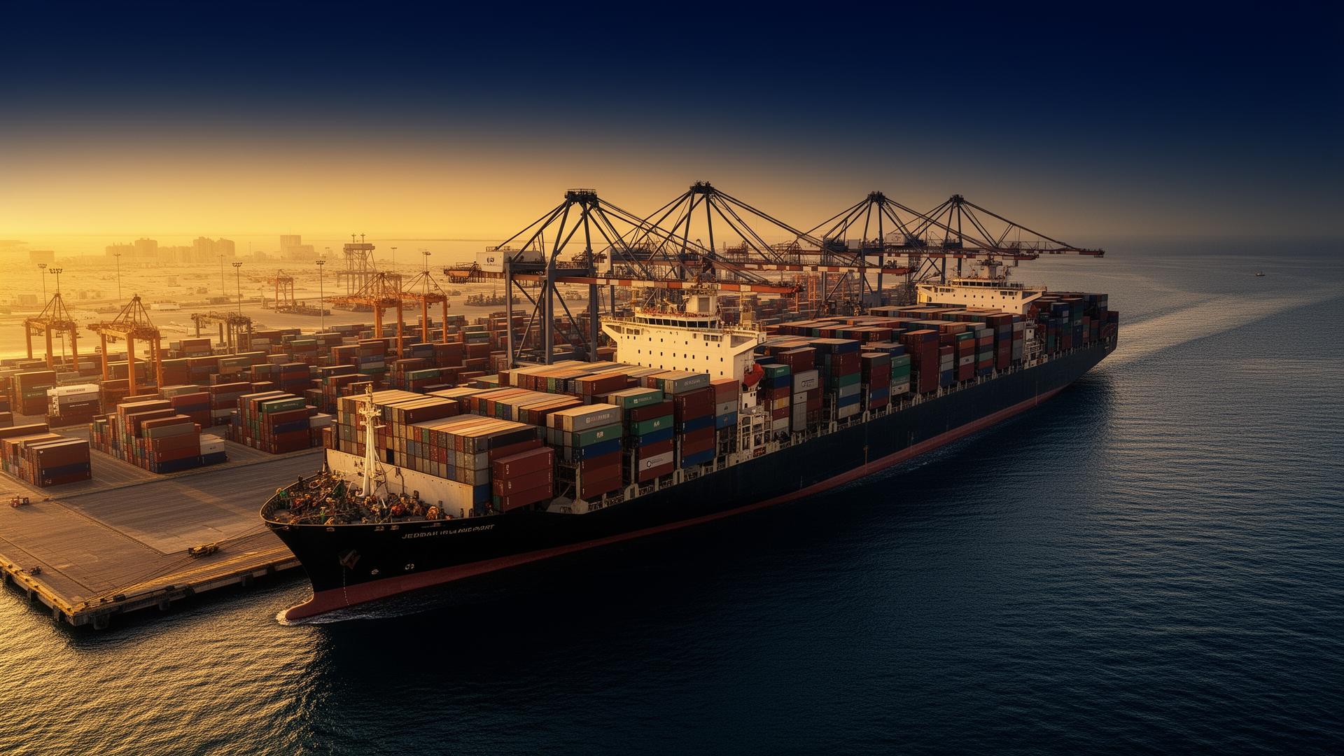 Jeddah Islamic Port at golden hour with cargo containers and ships